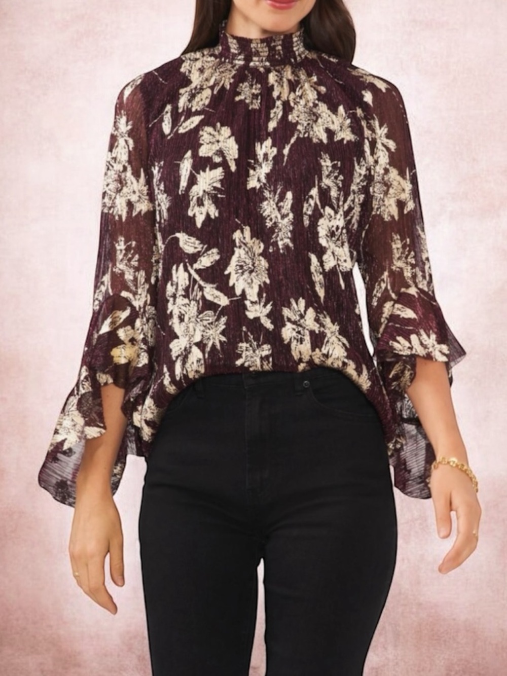 Vince Camuto burgundy & metallic gold Sparkle & Shine  Bell Sleeve Blouse 3X NWT